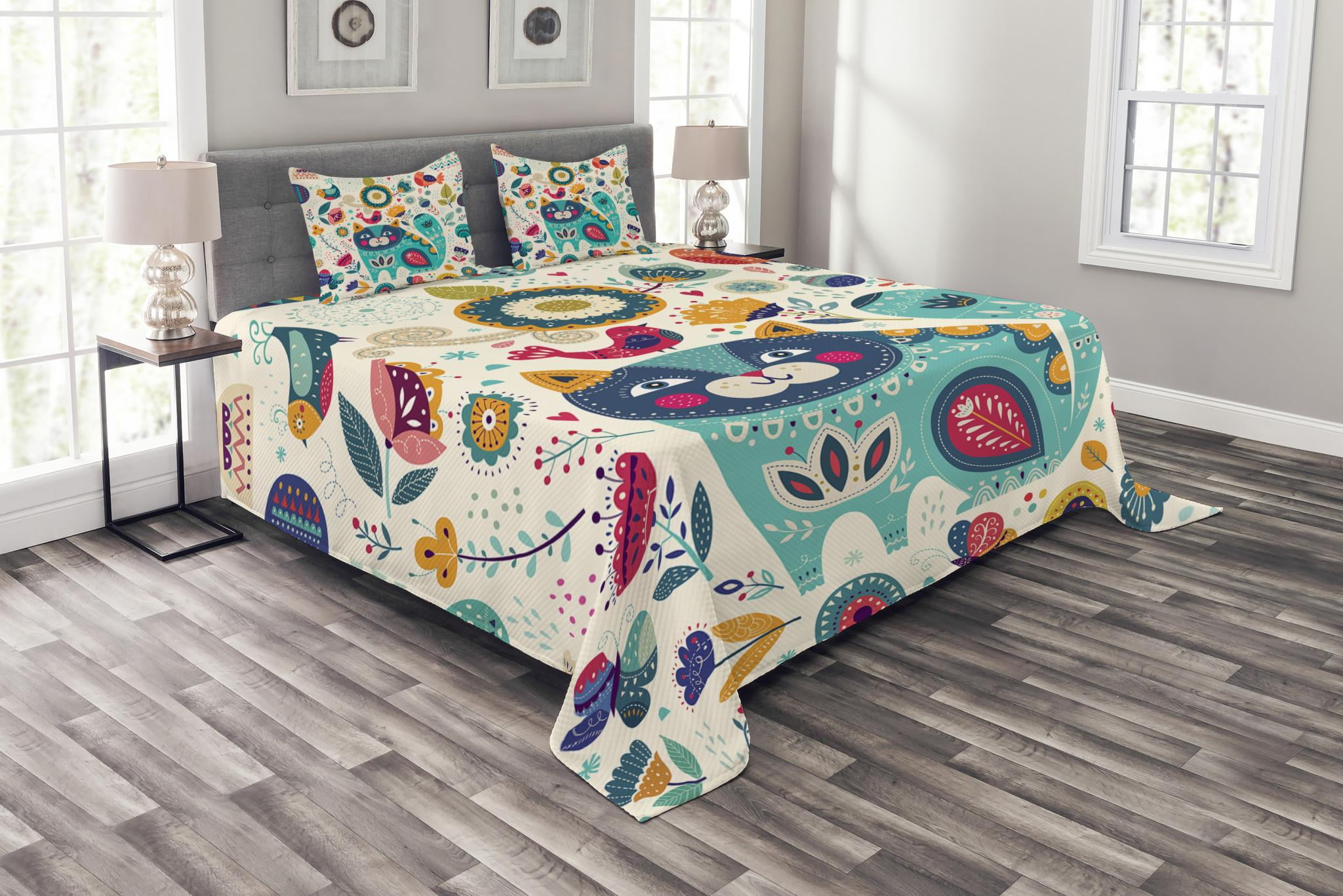 Cat Bedspread Set Queen Size, Cat Figure with Birds Flower Leaf Trees