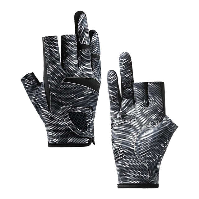 Fishing Gloves in Gray Camouflage, Breathable Half Finger Design for Outdoor Adventures, Non-Slip Grip and Sun Protection, Durable Polyester Material for Fishing, Cycling, and Summer Activities