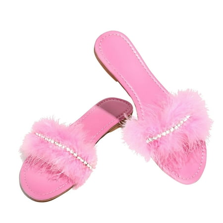

Womens House Slippers House Slippers Summer New Style Daily Leisure One-line Rhinestone Plush Flat Slippers Women Pink