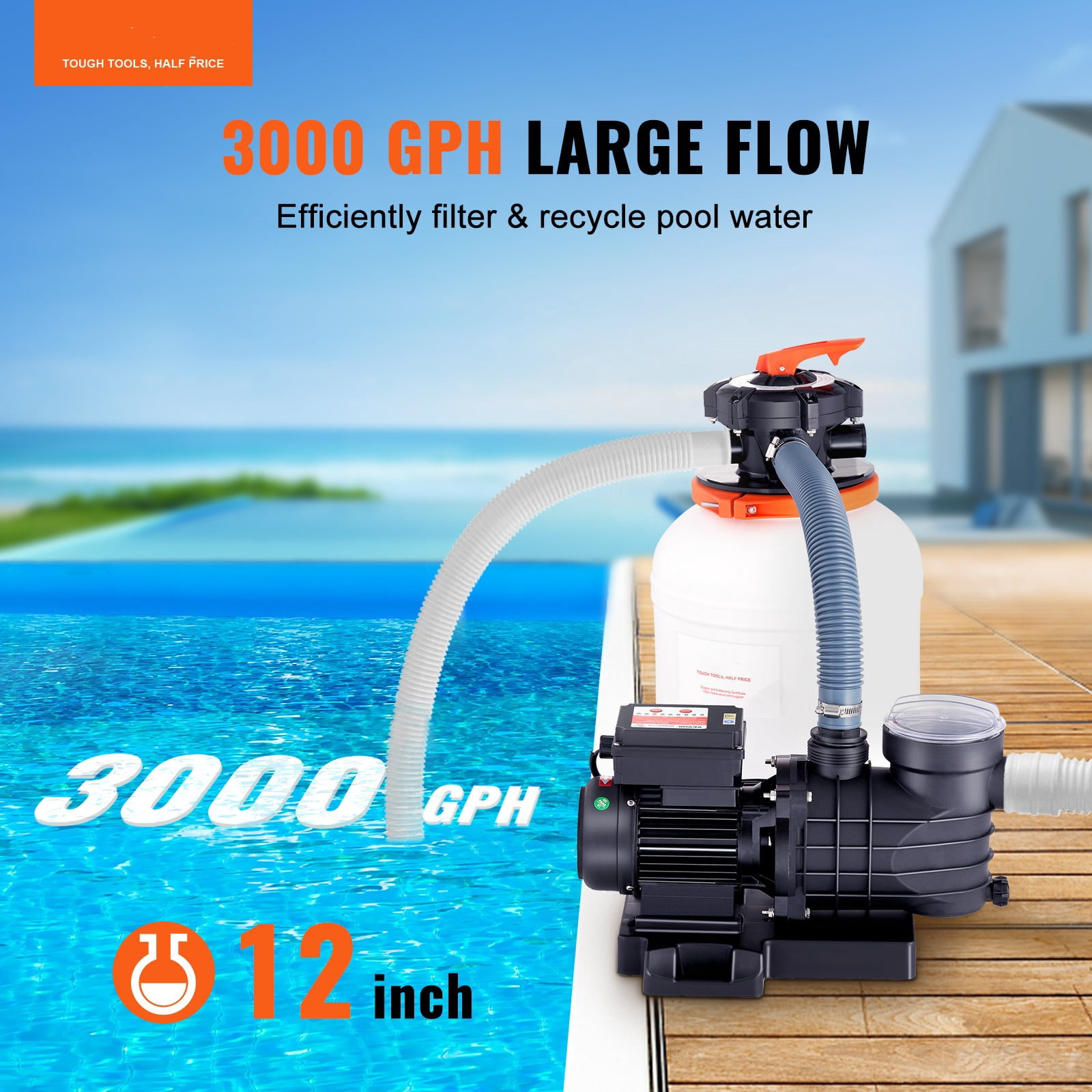 BENTISM 12" 3000GPH 1/2HP Saltwater System Sand Filter Swimming Pool Pump Above Ground, 6-Way Valve