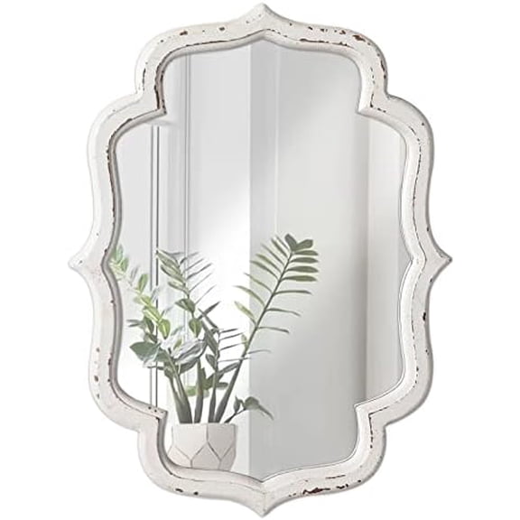 Vintage Small Scalloped Wall Mirror Decorative 16" x 12", Hanging Rustic Distressed White Bathroom Mirrors for Vanity, Farmhouse Wood Quatrefoil Wall Mounted Mirror for Living Room