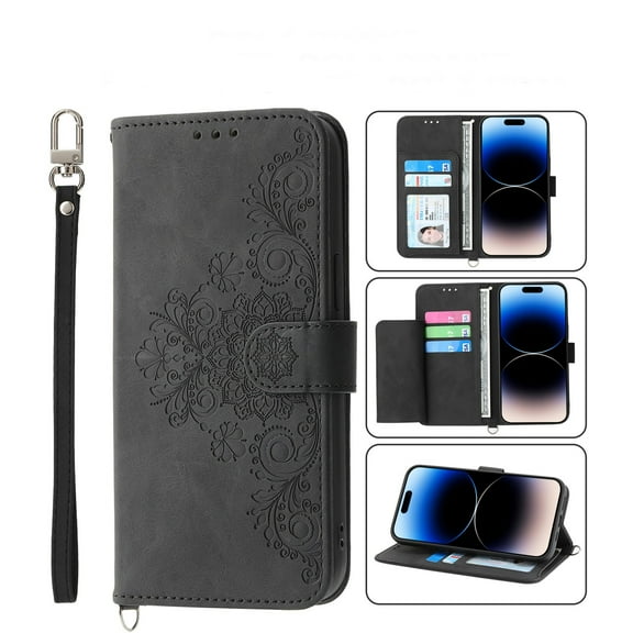 SaniMore for iPhone 13 Pro 6.1" Magnetic Flip Wallet Case with Cross Body Strap, PU Leather Case with Card Slot & Multi-Angle Kickstand Shockproof Protective Case for Girls Ladies, Black