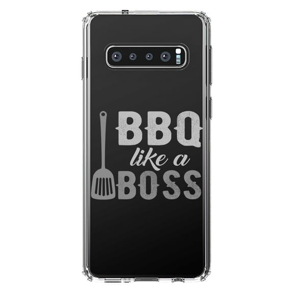 DistinctInk Clear Shockproof Hybrid Case for Samsung Galaxy S10 (6.1" Screen) - TPU Bumper Acrylic Back Tempered Glass Screen Protector - BBQ Like a Boss Barbecue