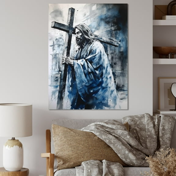 DESIGN ART Designart "Jesus With Cross V" Religious Landscape Canvas Art Print 16 in. wide x 32 in. high