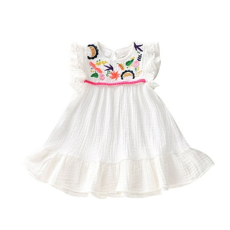 

Kucnuzki Infant Baby Girl Clothes 12 Months Summer Dress 18 Months Fly Ruffled Sleeve Lace Trim Embroidered Cozy Cotton Linen Dress White