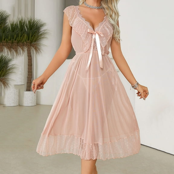 LYEAA Womens Summer Nightgowns Sleeveless Mesh Lace Cozy Sling Long Night Gowns Chemise Solid V Neck Loose Casual Soft Pajamas Sleepwear Loungewear Fashion Elegant Women's Nightdress Beige S