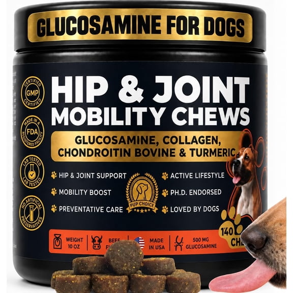 Pup Choice Hip & Joint Glucosamine Chews for Dogs with Chondroitin, Collagen & Turmeric – Mobility & Joint Support, Beef Flavor Soft Chews, 140 Count
