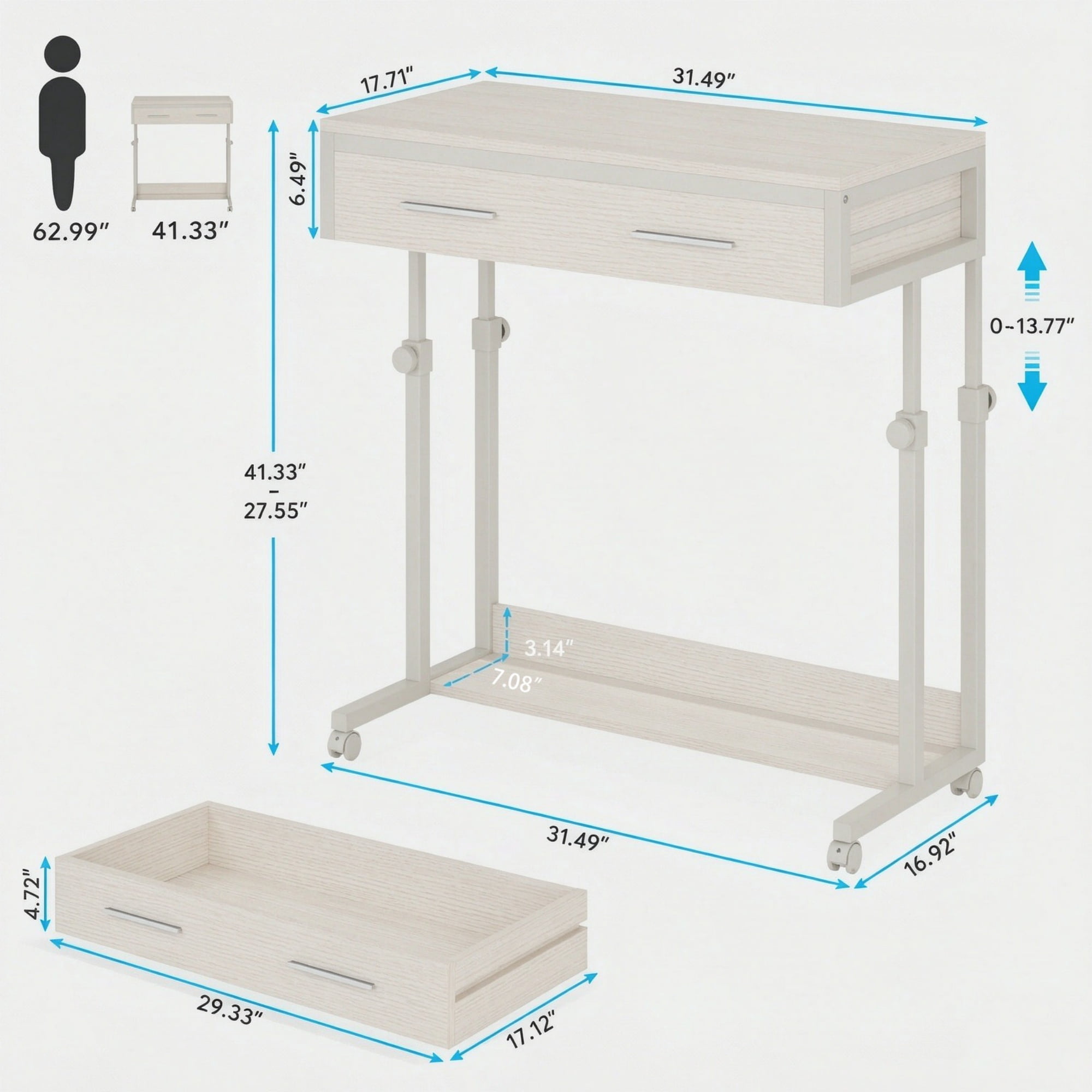 Astoutdoor Mobile Side Table Height Adjustable Portable Desk with Storage Drawers