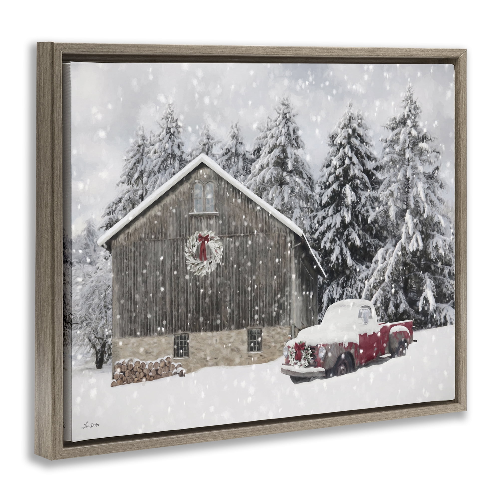 Stupell Industries Snow Covered Farm Scene Holiday Painting Brown Floater Framed Canvas Art Prints Wall Art, 31 x 25