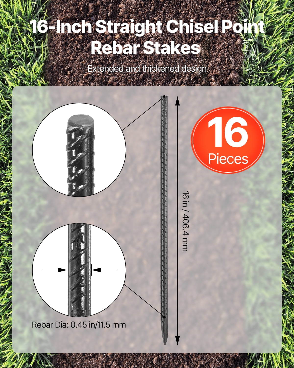 VEVOR Rebar Stakes, 16-Inch, Heavy-Duty 0.45 in Diameter, Straight Galvanized Steel Ground Anchors with Chisel Point End & Rust-Resistant Coating, for Gardening Support, Fence, Camping Tents