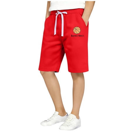 Fesfesfes Boys Basketball Print Cotton Elastic Waist Beach Shorts Kids Summer Casual Sports Playwear Comfortable Breathable Pants(Red 4-5 Years)