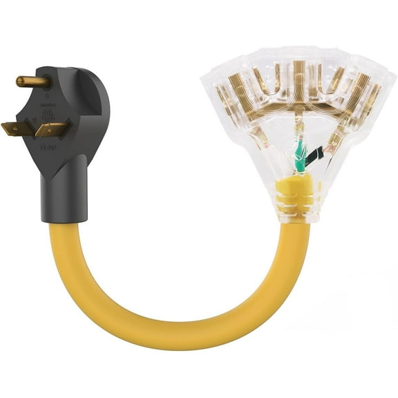 RV/Generator to Household Appliances Adapter, NEMA TT-30P to 3x 5-15/20R, 3 Prong Distribution Adapter, 30Amp to 20Amp, 110V, 1 FT, for Camping