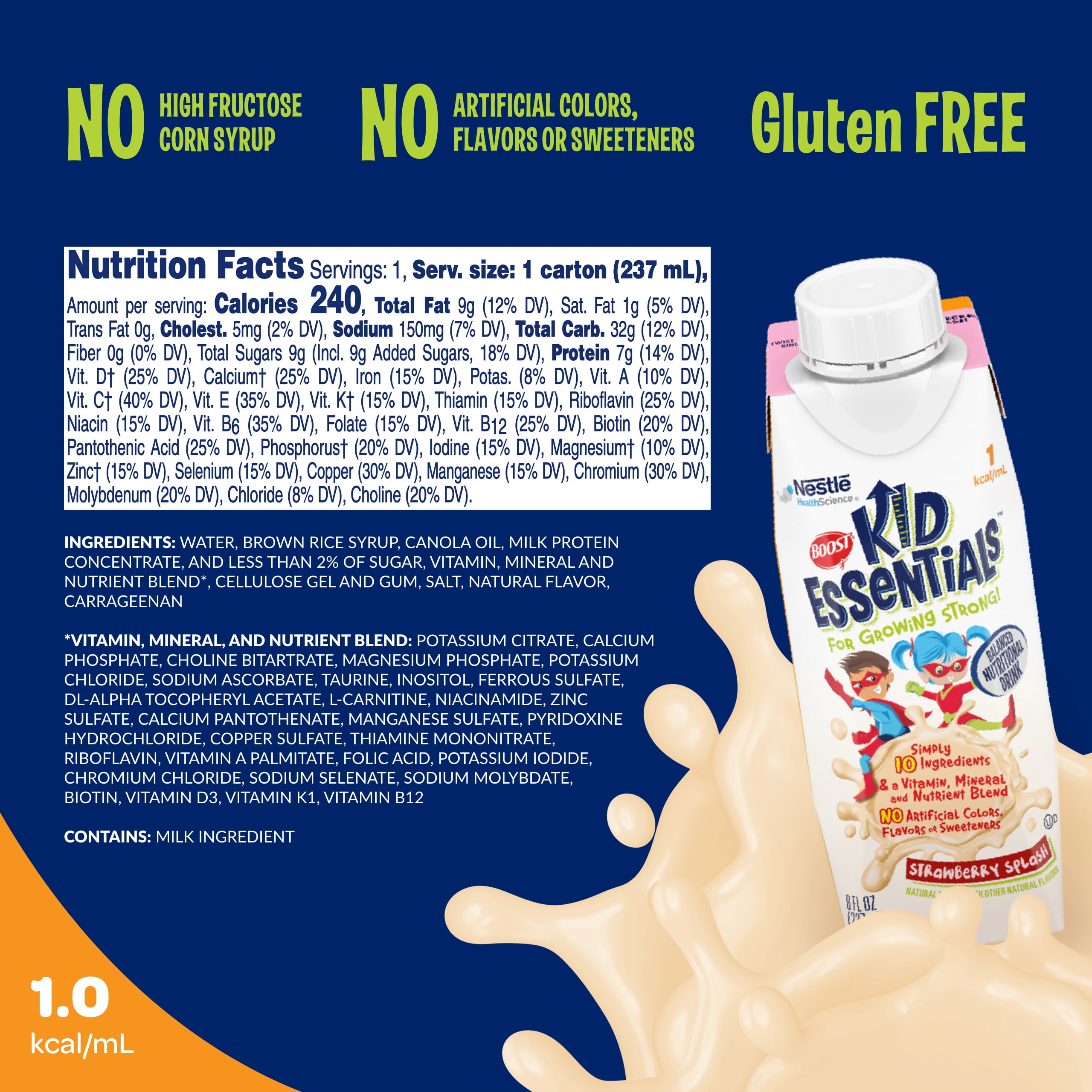 Boost Kid Essentials 1.0 ml Pediatric Nutrition Shake, Strawberry Splash, 8 fl oz, 24 Count