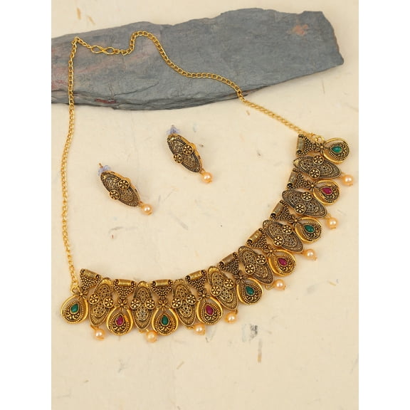 Traditional Gold-Plated Red & Green Kundan Work Jewellery Set
