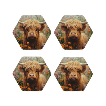 

Tebeau Cute Floral Cow Print Set of 4 Leather Drink Coasters Round Cup Mat Pad for Home and Kitchen Use 4 -Hexagon