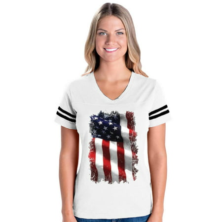 United States of America Flag Women's Football V-Neck Fine Jersey (Best American Football Jerseys Of All Time)