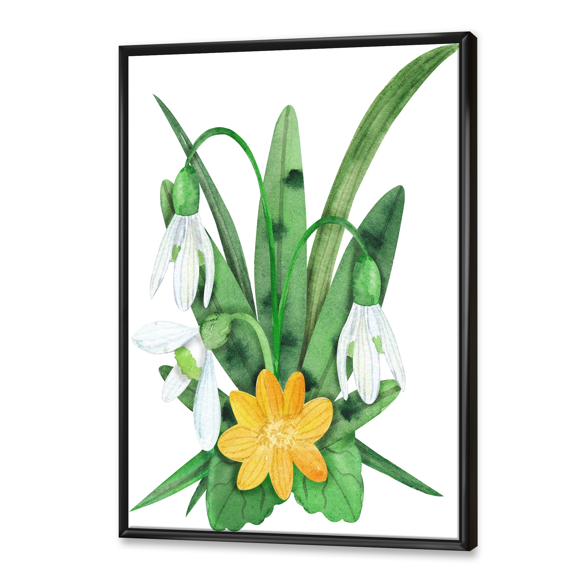 Designart 'Snowdrops and Yellow Erantis VIntage Flowers' Traditional Framed Canvas Wall Art Print