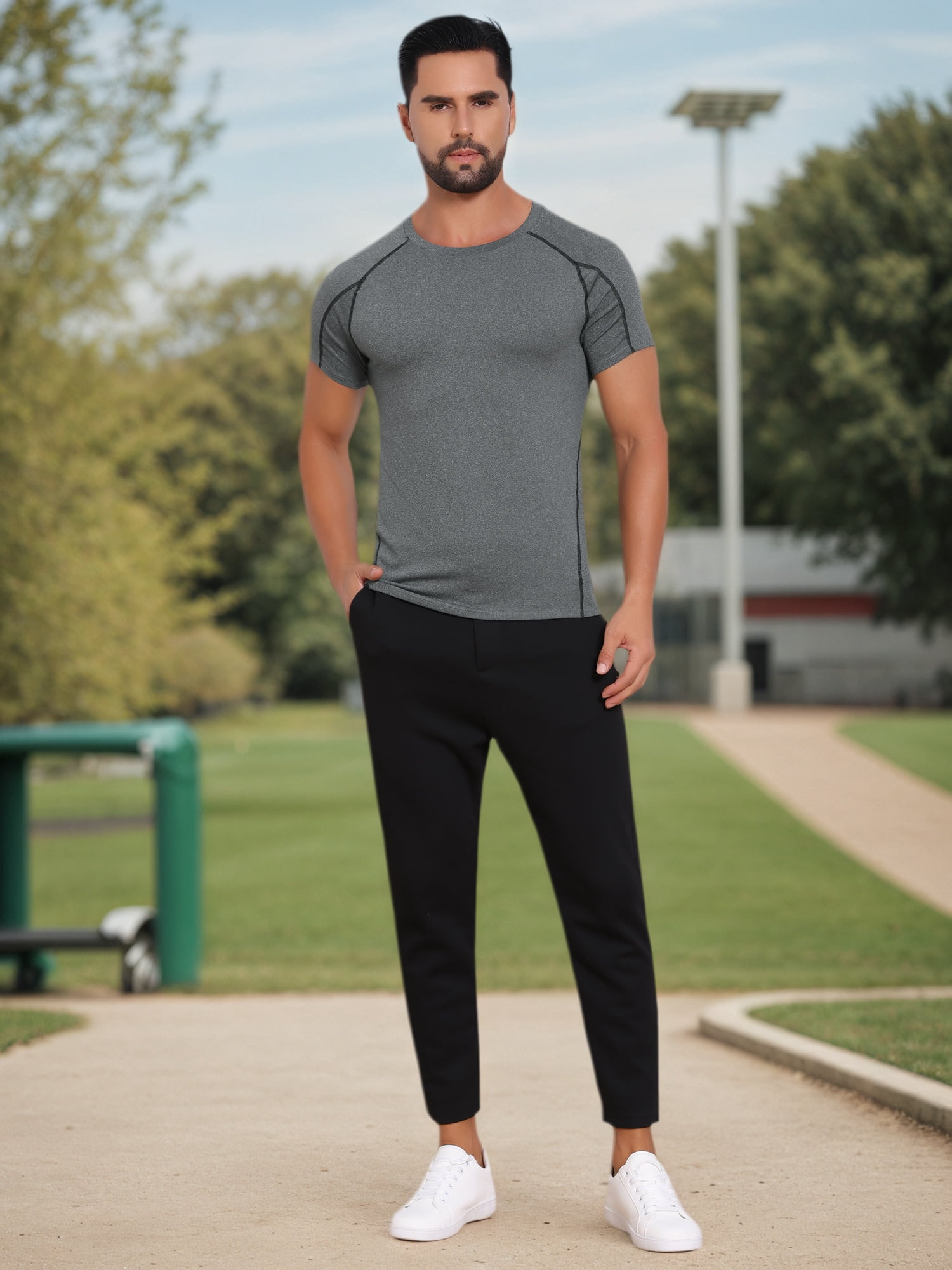 DARING DIVA Men's Workout Stretch Crew Neck Short Sleeve T-Shirt XL Gray