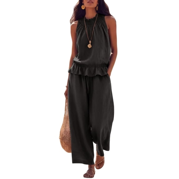 Women'S Linen 2 Piece Outfits Sleeveless Ruffle Top Wide Leg Pants Summer Loungewear Beach Sets Black XXL