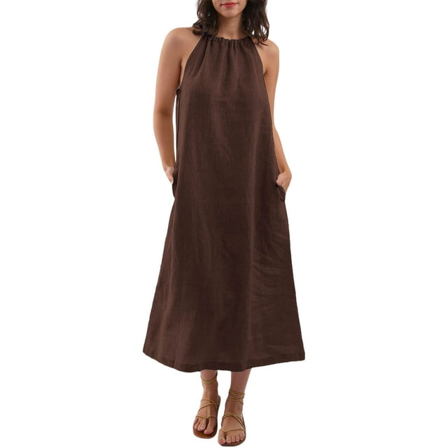 Kaemgyyd Robes à Col Licou pour Femmes Été Sans Manches Robe d'Été Décontractée Plage Vacances Fluide Bohème Mi-Longue avec Poches