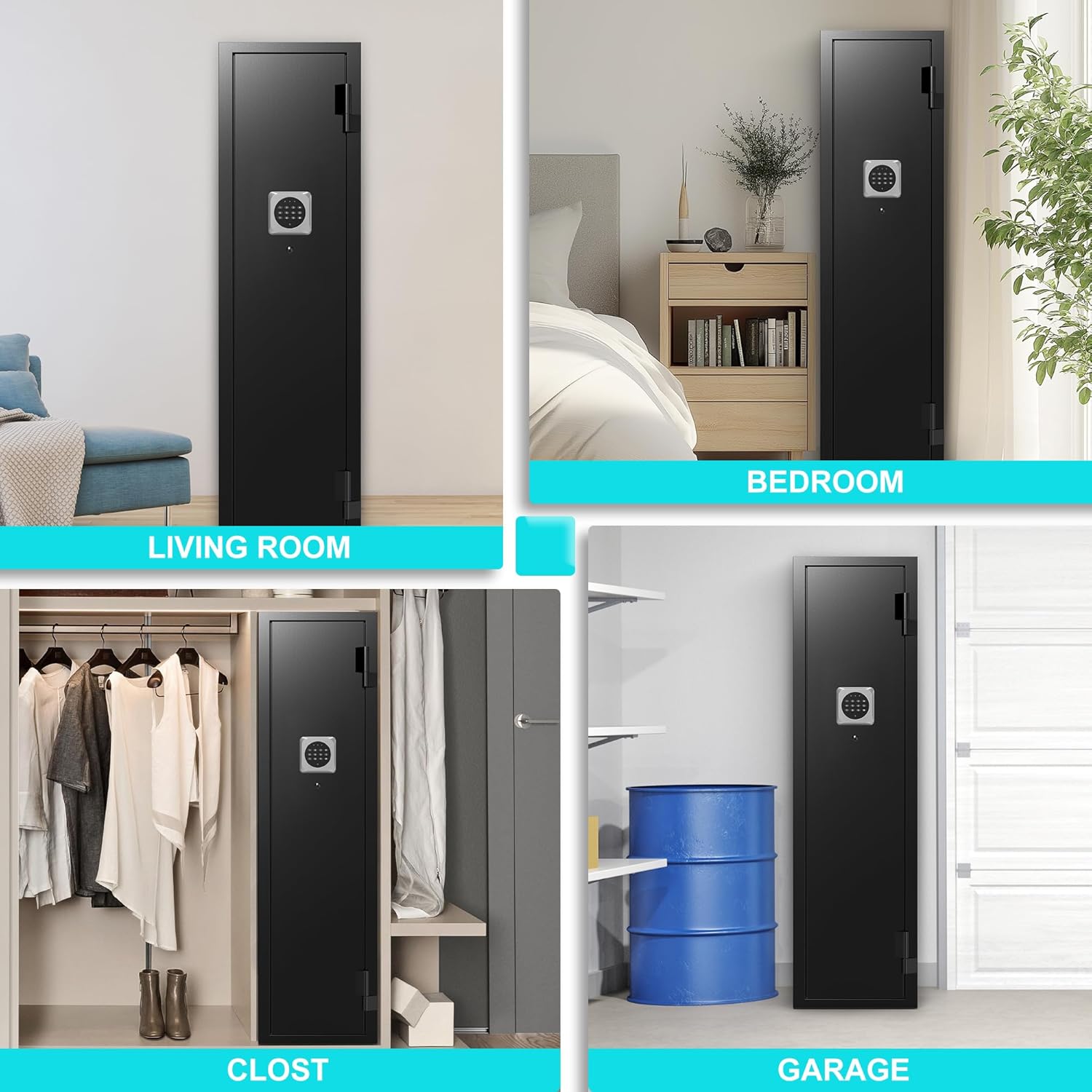 2-3 rifle and pistol safes, 180° quick-access digital gun cabinet (suitable for rifles and shotguns), modular gun cabinet with alarm system and silent mode.