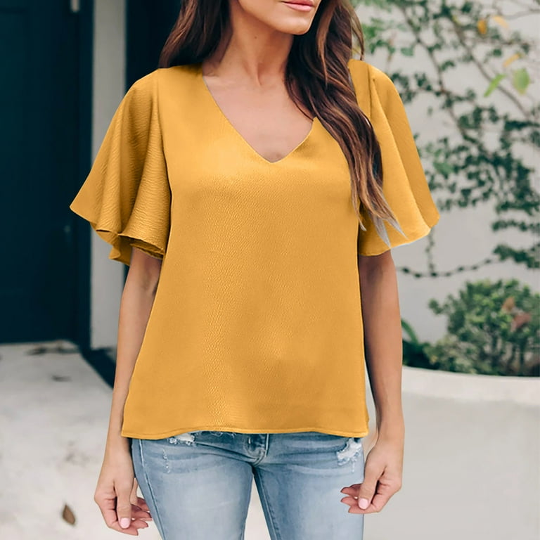 Entyinea Womens Tops V Neck Flare Short Sleeve Blouses Summer Solid Color  Hollow Shirts Yellow XXL