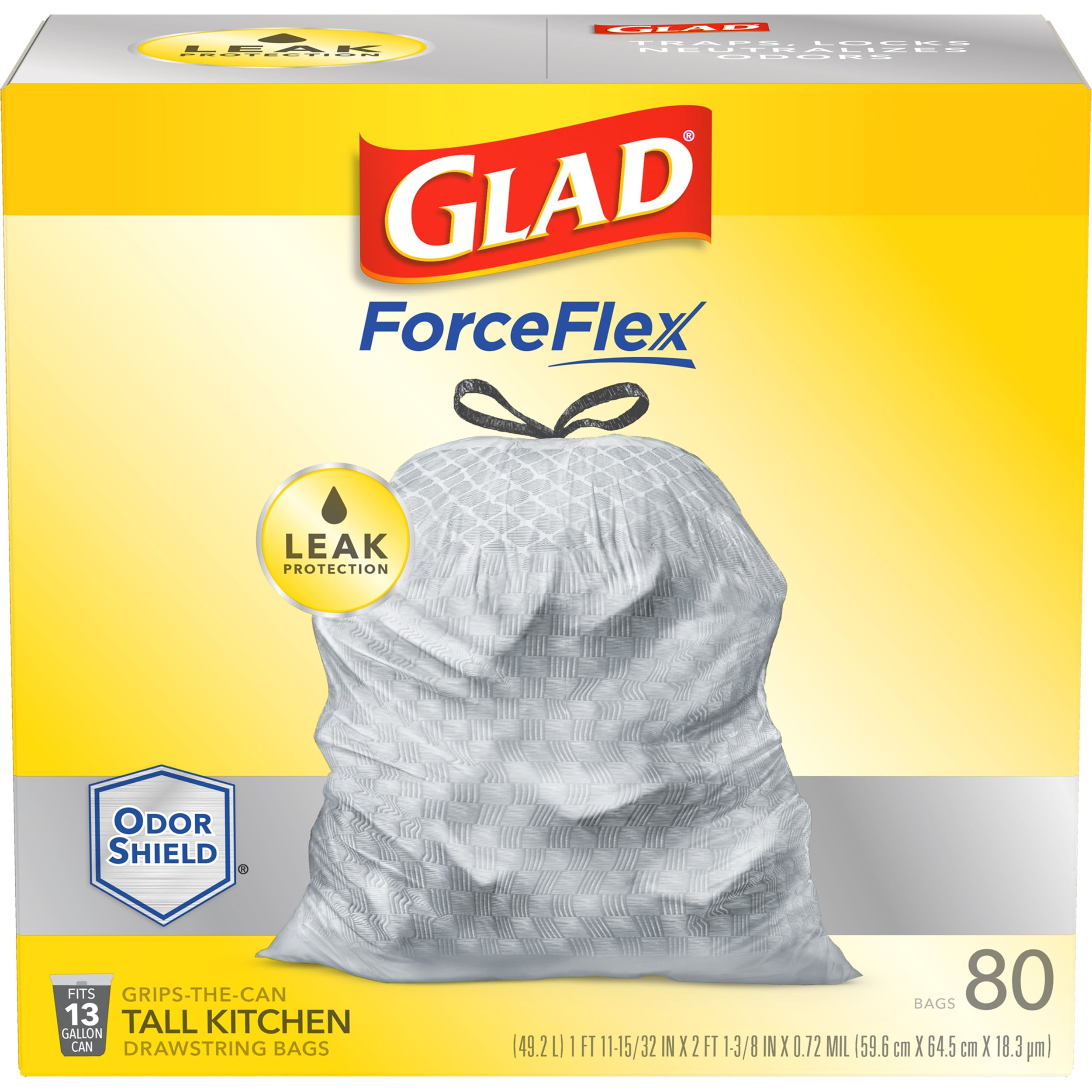Glad Tall Kitchen Trash Bags, 13 Gallon, 80 Bags (ForceFlex, Unscented