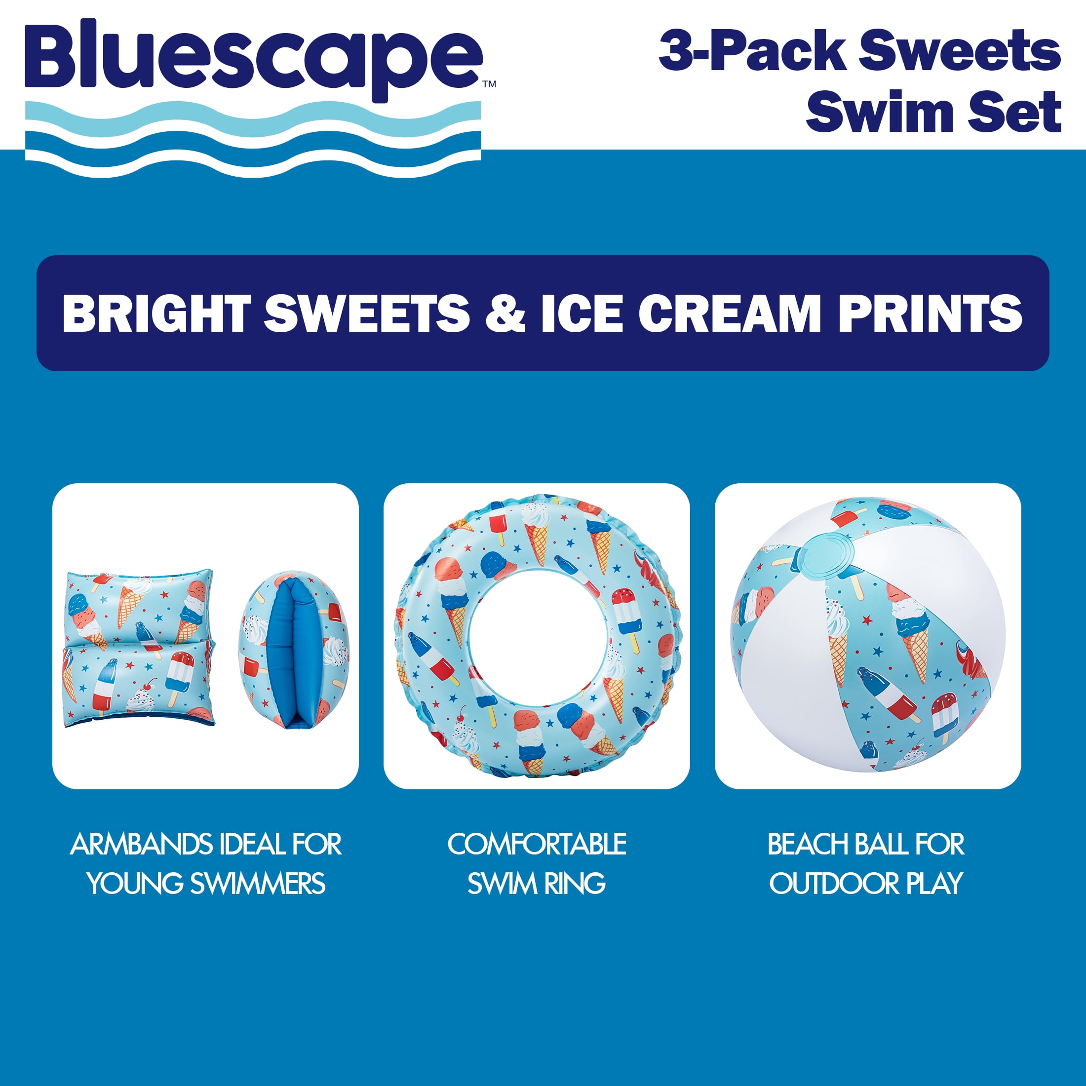 Bluescape Inflatable Sweets Swim Set, 3-Pack, Arm Band Floats, Swim Tube Float and Beach Ball, for Kids & Adults, Age 3-6 years, Unisex