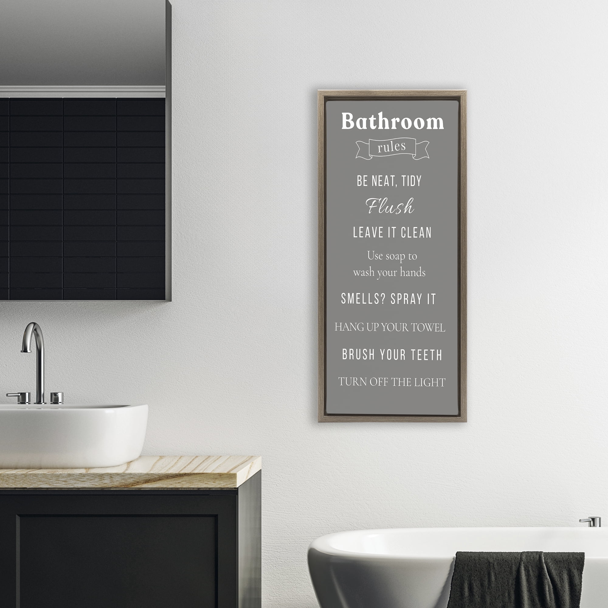 Stupell Industries Bathroom Rules Reminders Brown Framed Floater Canvas Wall Art, design by Julia Frost