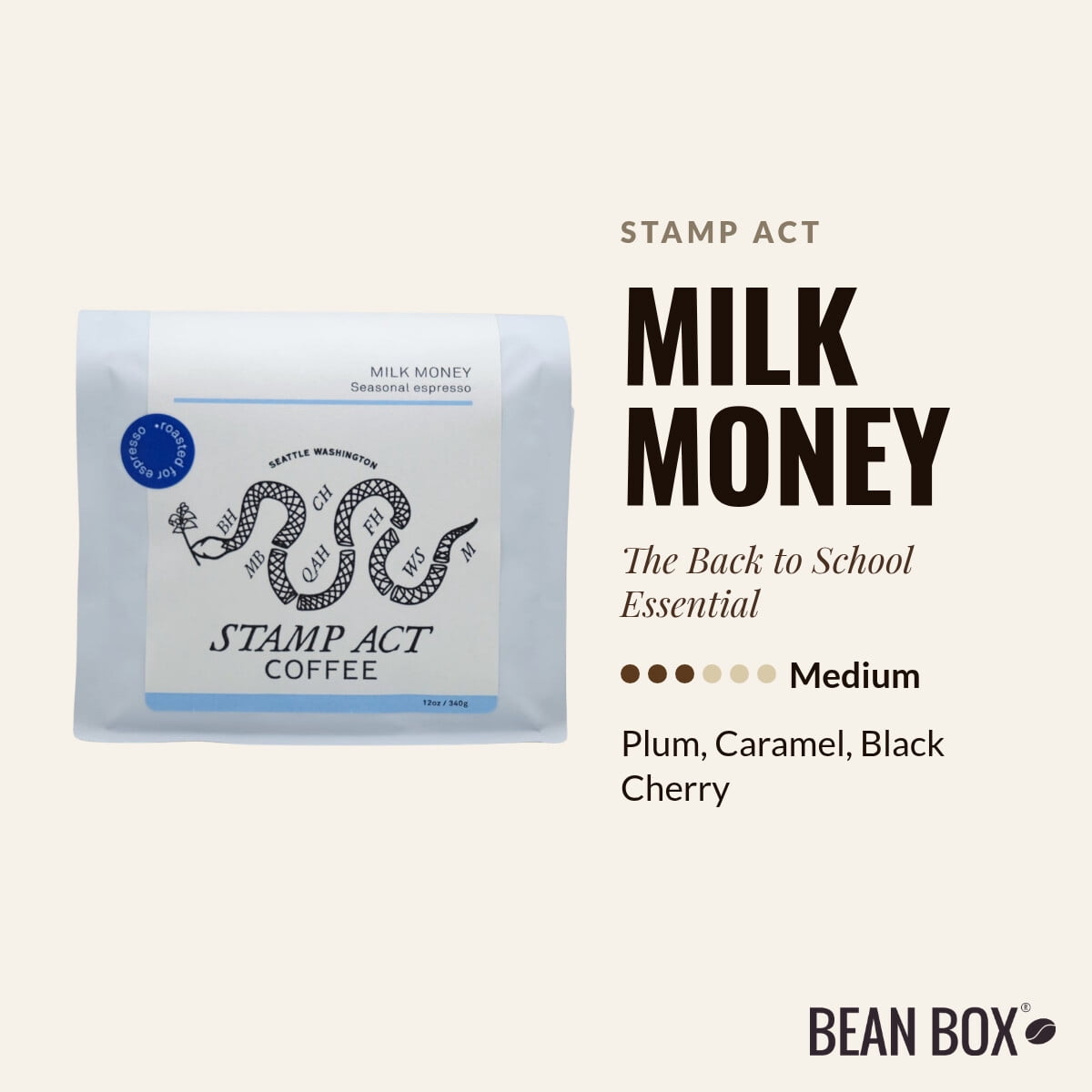 Milk Money - Roasted by Stamp Act - Whole Bean Coffee - 12oz Bag