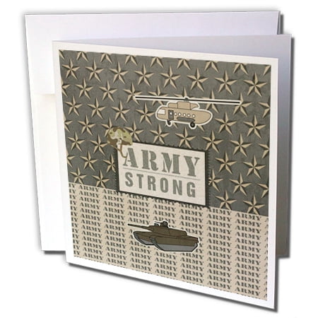 3dRose Army Proud, Helicopter, Tank, Helmet, stars, Gray, Blue, Tan - Greeting Cards, 6 by 6-inches, set of