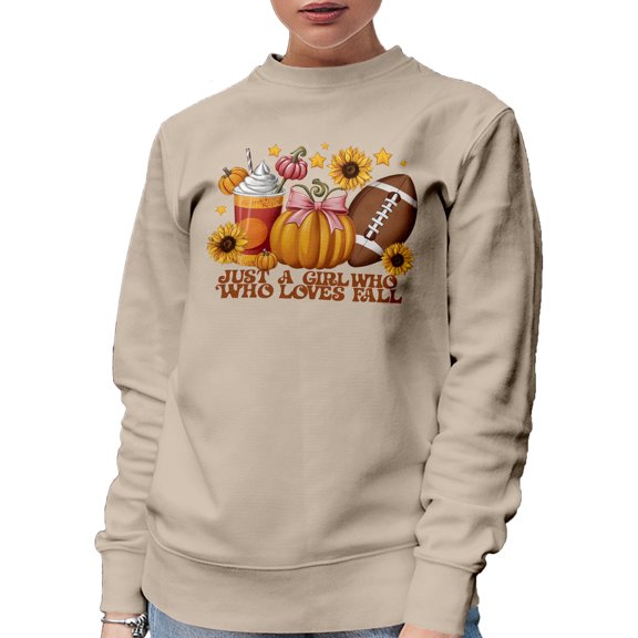 Just a Girl Who Loves Fall feat. Pumpkin, Football Ball & Latte, Sand Crewneck Sweatshirt, Small