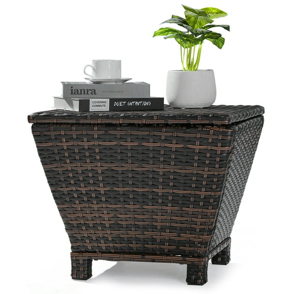 Ktaxon Wicker Side Table with Storage, 13 Galllon Ratten Storage Side Box Container, Wicker Storage Coffee Table for Outdoor Indoor, Brown