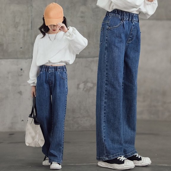 Jeans Girls Elastic Waist Jeans Girls Straight Leg Wide Leg Girls Pants High Waisted Loose Pants with Pocket Girl Pants Size 9-10 Years
