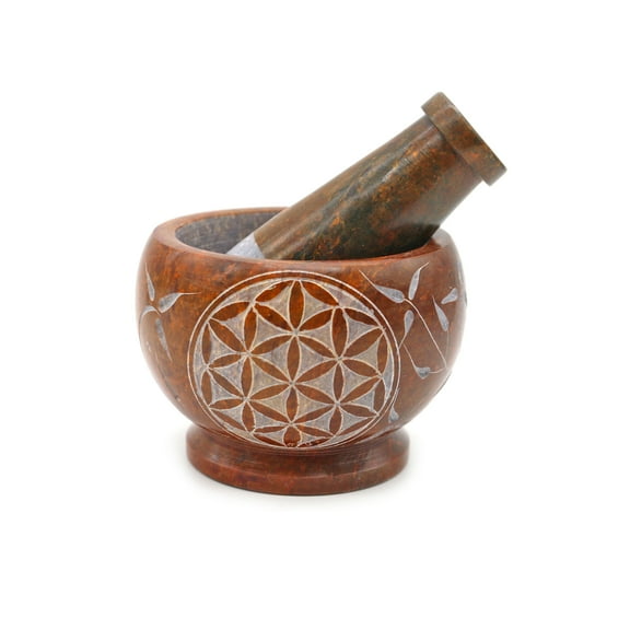 Soul Sticks Orange Flower of Life Hand Carved Soapstone Mortar and Pestle Bowl 3 inch
