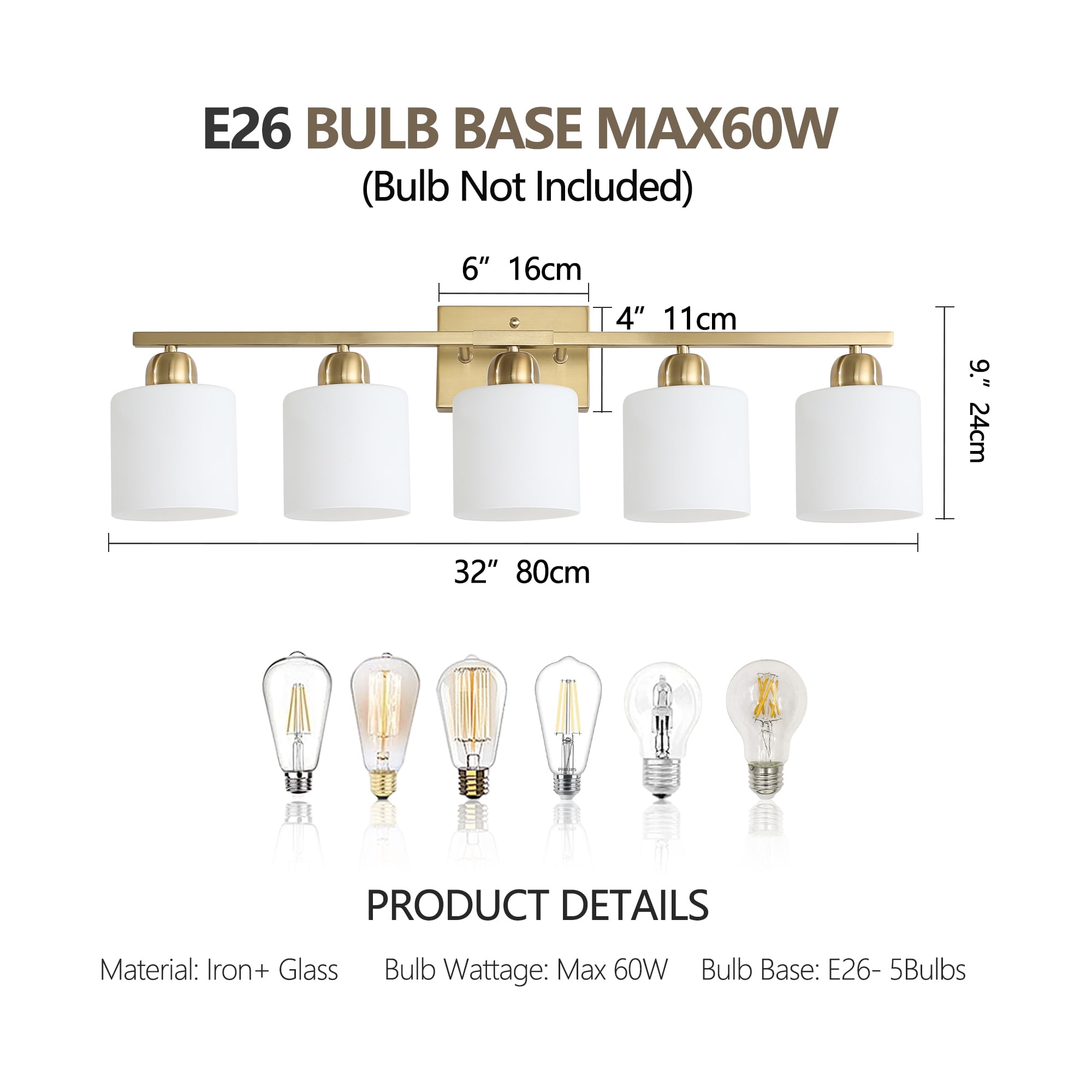 Jopath 5-Light Modern Vanity Light Over Mirror, Wall Sconces with Milky White Frosted Glass Shades for Bathroom, Hallway, or Bedroom Gold (Bulbs Not Included)