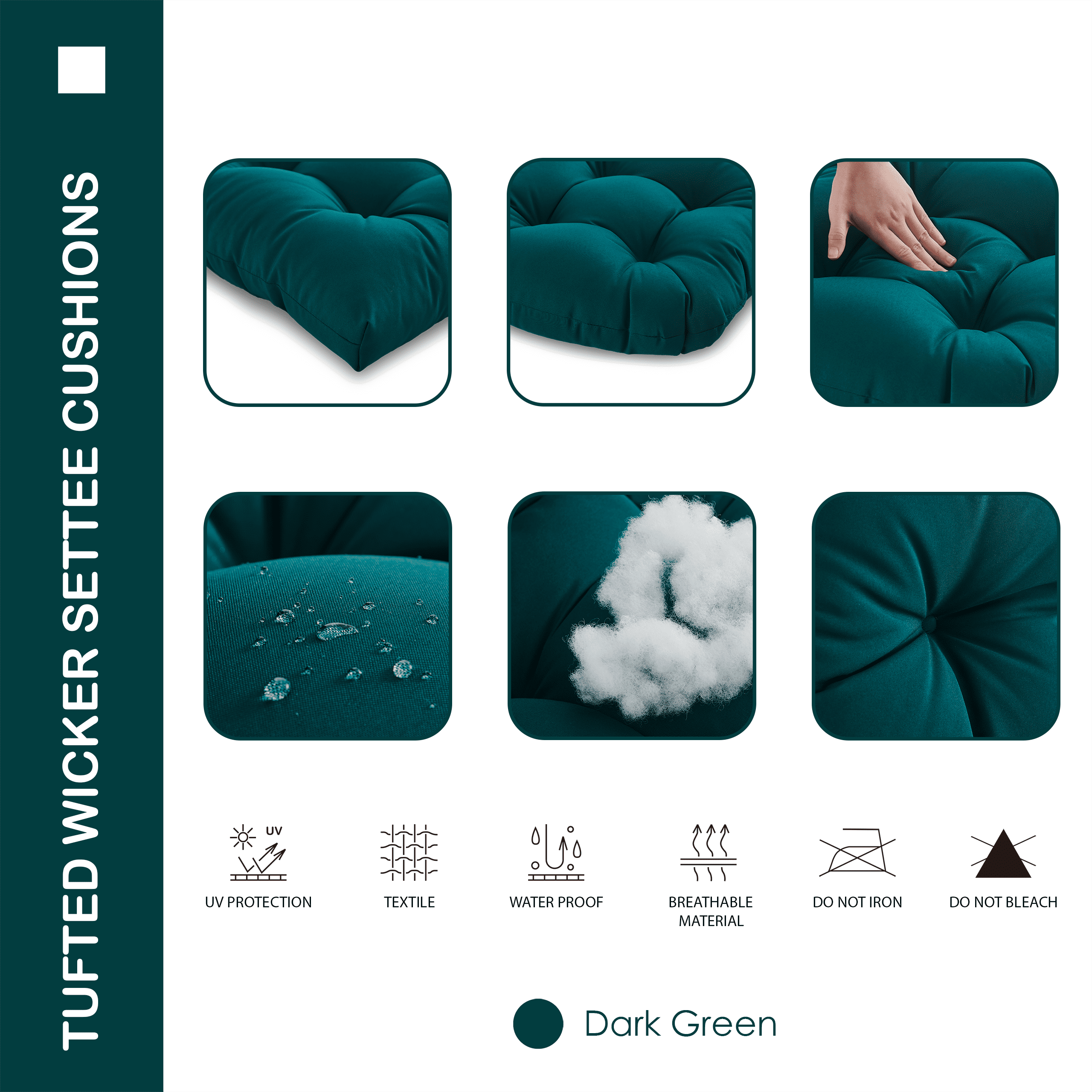 YOOZEKU Outdoor Tufted Wicker Chair Cushions of 3 Pieces, 1 Loveseat and 2 U-Shape All Weather Waterproof Patio Seat Cushions for Wicker Furniture,Bench, Dark Green