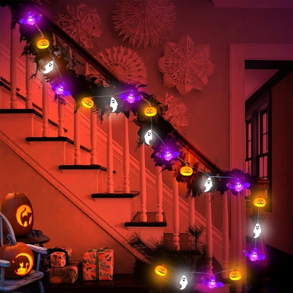 Halloween LED String Lights,10FT Ghost Pumpkin Bat Decorations,Battery Powered Light Garland for Indoor Outdoor Party,Porch, Mantel,Window, Garden Holiday Decor(M)