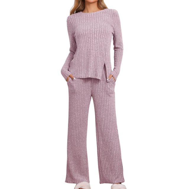 Conjunto de pijamas INSPIRE CHIC para mujer, con cuello redondo, de manga larga, ropa de dormir suave, PJs de descanso con bolsillo, talla XL, color púrpura