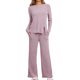 thumbnail image 1 of Conjunto de pijamas INSPIRE CHIC para mujer, con cuello redondo, de manga larga, ropa de dormir suave, PJs de descanso con bolsillo, talla XL, color púrpura, 1 of 4