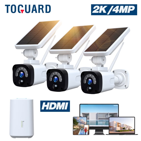 TOGUARD SC04 2K/4MP Solar Security Camera System Outdoor WiFi Wireless Bullet Surveillance Camera NVR HDMI Connector