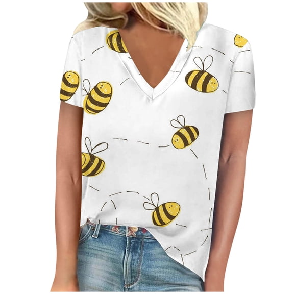 TFEOQRY Women's Short Sleeve V-Neck Shirts Fashion Cartoon Bee Printed Casual T-Shirt Tops White