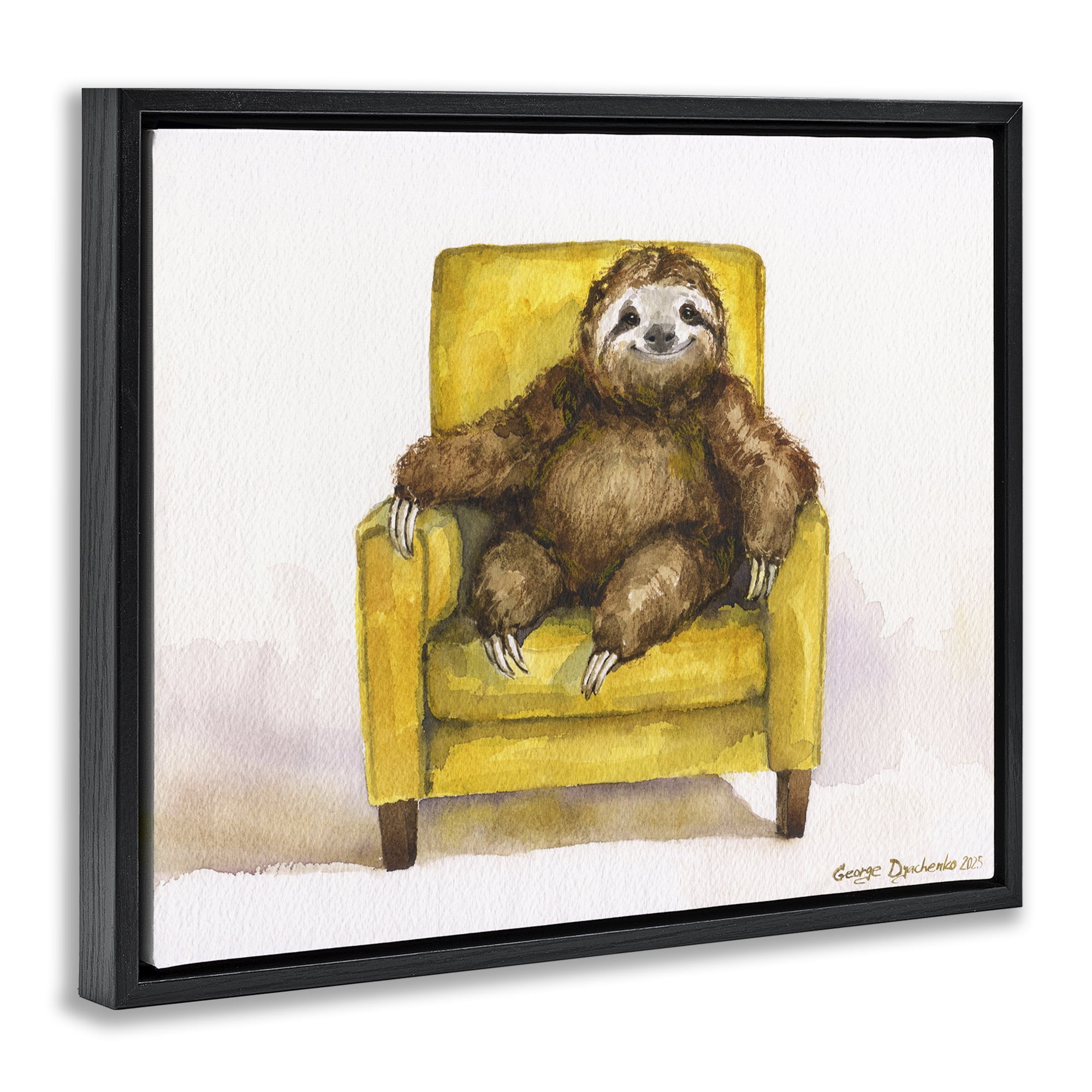Stupell Industries Happy Sloth Relaxing on Armchair Black Framed Floater Canvas Wall Art, design by George Dyachenko