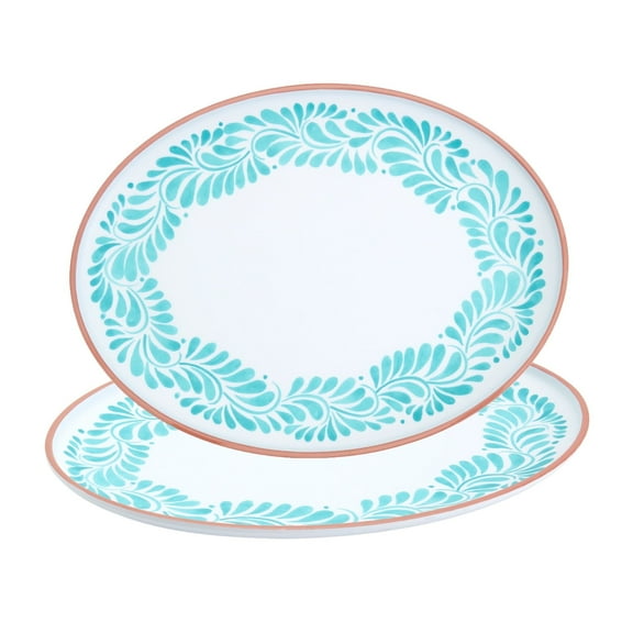 INFUSE 2 Piece Lebrillo Pattern Melamine Serving Platters Trays Set for Outdoor Parties Entertaining, Aqua