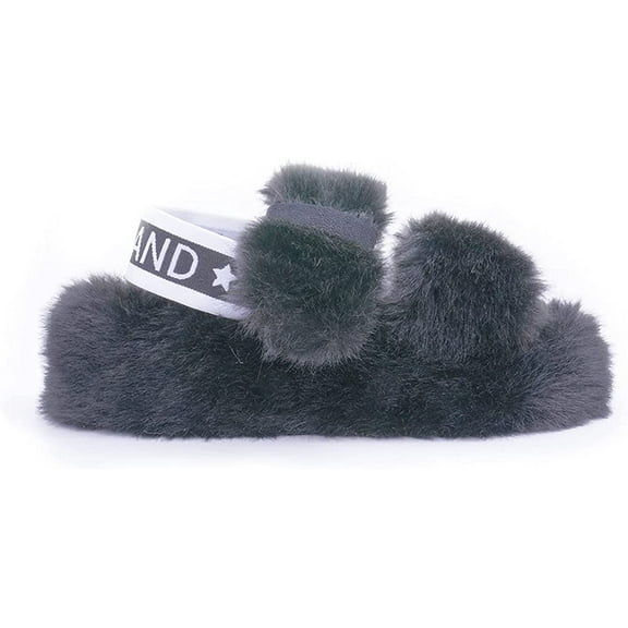 Fashion Long Fur Slides adjustable Black furry high heel slippers Sandals (5-6, Black)