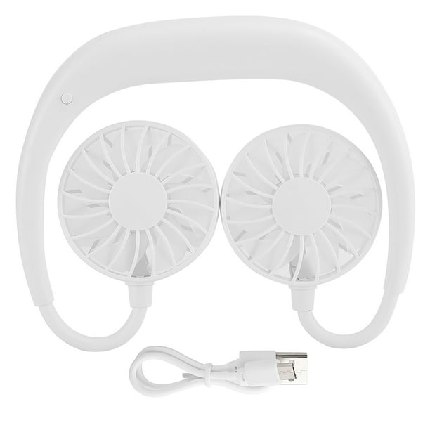 Mini ventilador portátil con banda para el cuello, doble escritorio, USB, recargable, 3 velocidades, estilo perezoso para colgar en el cuello, color blanco