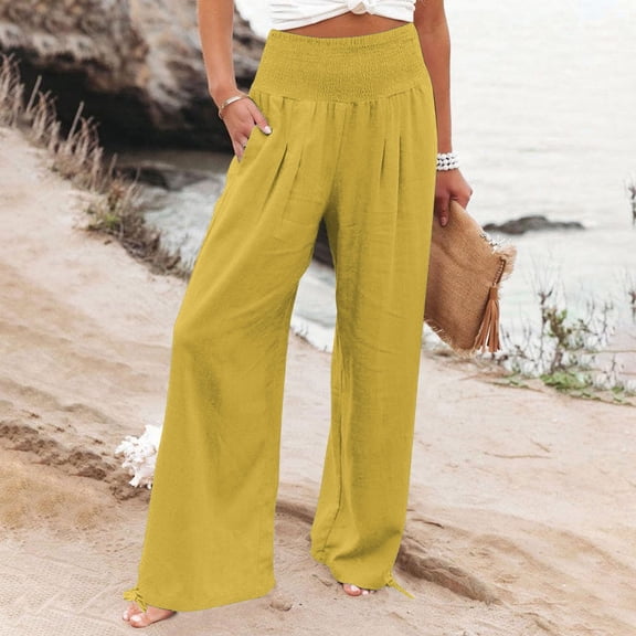 LEKWK Palazzo Pants for Women High Waisted Casual Wide Leg Pants Lightweight Loose Fit Lounge Pants with Pockets Summer Beach Vacation Clothes