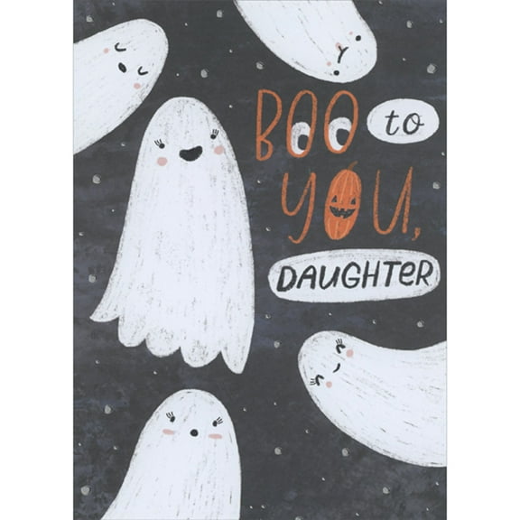 Designer Greetings Boo to You: Cute Smiling Ghosts and Silver Dots on Black Background Halloween Card for Young Daughter
