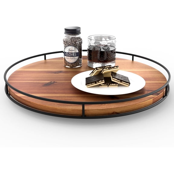 16" Acacia Wood Lazy Susan Turntable with Metal Frame - Large Lazy Susans Organizer Countertop Storage - Wooden Serving Tray for Charcuterie Cheese Board - Kitchen Counter Rotating