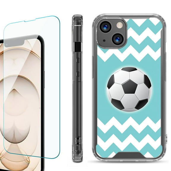 Shockproof Bumper Phone Case for iPhone 13, with Tempered Glass Screen Protector, by OneToughShield ® - Chevron/Soccer